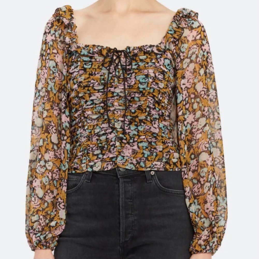 Free People Mabel Printed Blouse, Black, size L